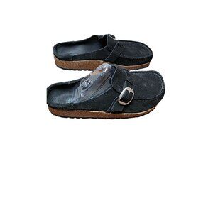Birkenstock Women's Black Suede Buckle Slip-On Mules - Size 38 EU (7 US).